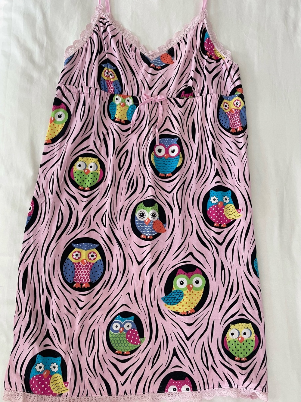 Vintage Nick & Nora Owl Print Sleepwear Babydoll Slip Size L Pink Cotton Lace